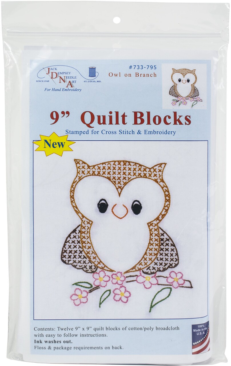 Jack Dempsey Stamped White Quilt Blocks 9"X9" 12/Pkg-Owl on Branch